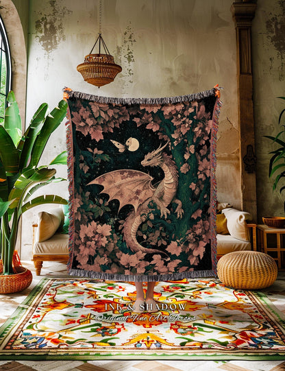 Antique Mystical Ethereal Dragon Tapestry Throw Moonlit Forest Fairytale Decor | Enchanted Fairycore Celestial Night Art Teal Fantasy Decor