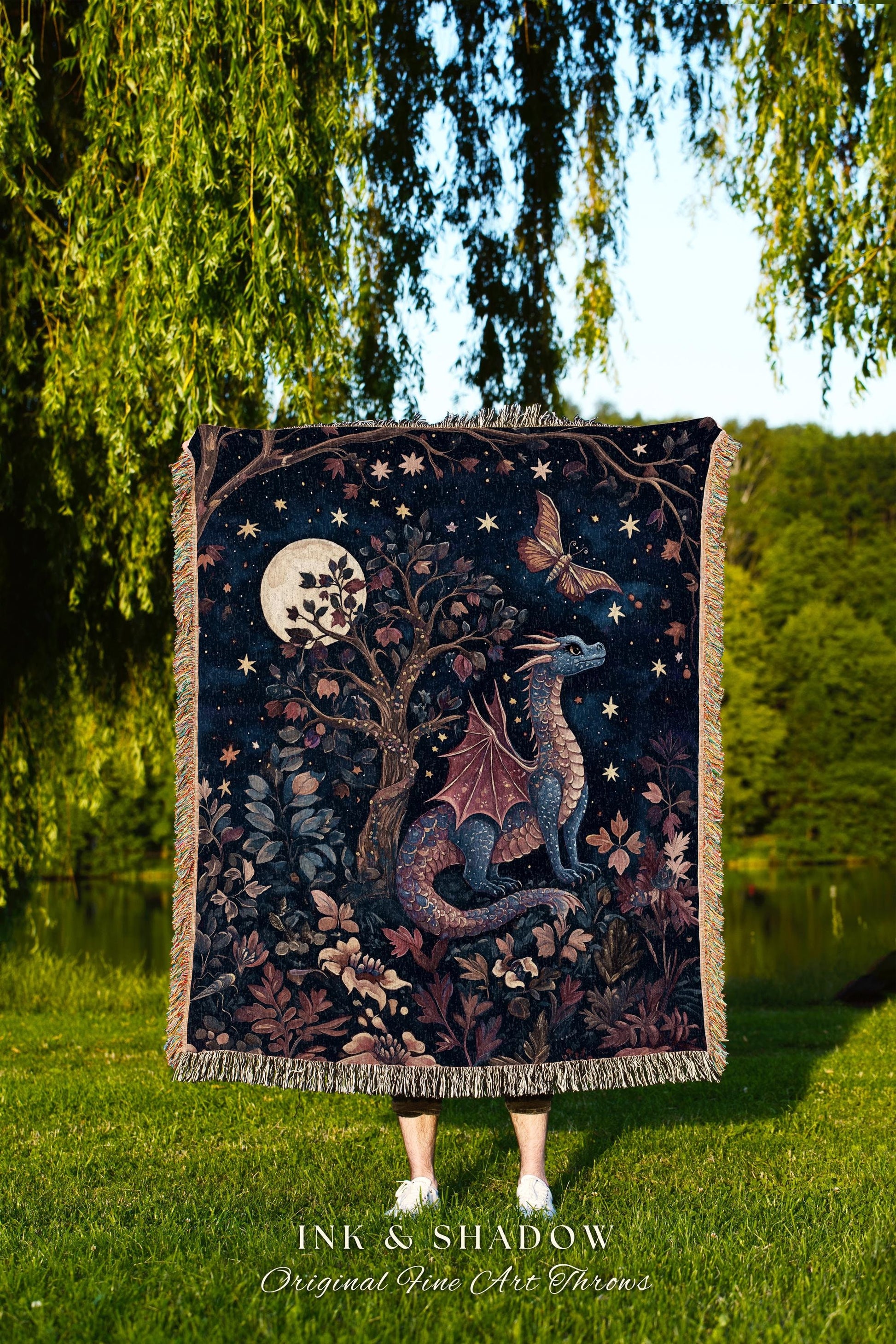 Mystical Night Sky Dragon Blanket Enchanted Woodland Decor | Moonlit Forest Whimsigothic Tapestry Throw Celestial Dark Academia Fantasy Art