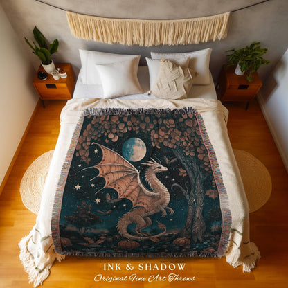 Whimsigothic Harvest Moon Magical Dragon Blanket Fairytale Nocturnal Decor | Enchanted Autumn Night Celestial Fantasy Art Tapestry Throw