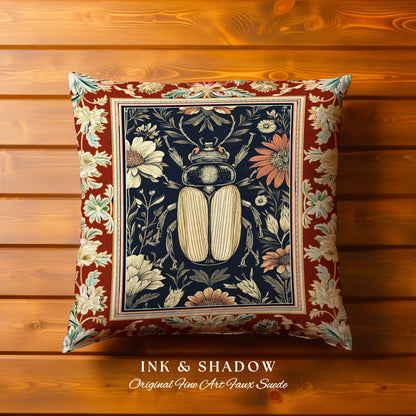 Whimsigoth Beetle Baroque Art Pillow Victorian Gothic Home Decor | Dark Cottagecore Botanical Bug Whimsical Oddities Curiosity Ornate Decor
