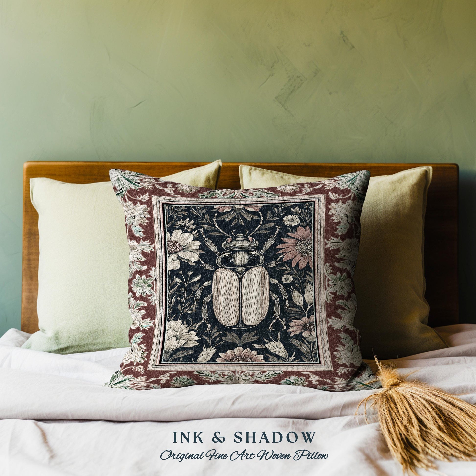 Whimsigoth Beetle Baroque Art Pillow Victorian Gothic Home Decor | Dark Cottagecore Botanical Bug Whimsical Oddities Curiosity Ornate Decor