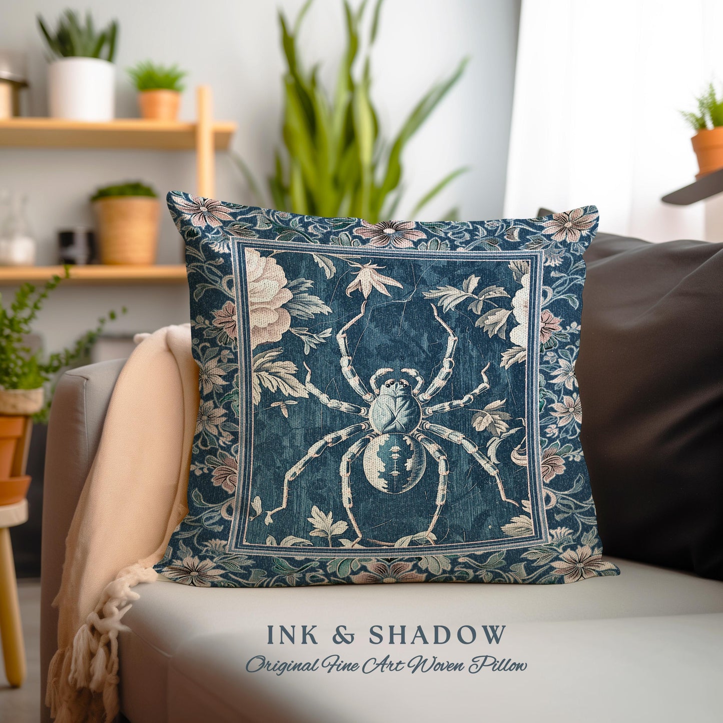 French Baroque Antique Blue Botanical Spider Pillow Gothic Cottagecore Tapestry Cushion | Whimsical Vintage Nature Enchanted Floral Accent