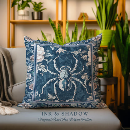 French Baroque Antique Blue Botanical Spider Pillow Gothic Cottagecore Tapestry Cushion | Whimsical Vintage Nature Enchanted Floral Accent