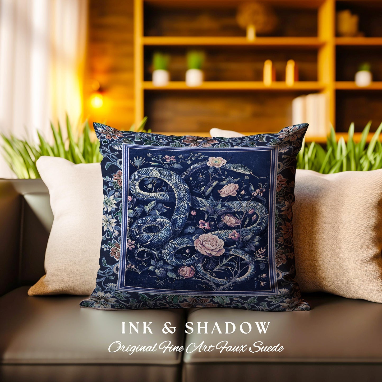 Midnight Blue Dark Floral Serpent Pillow Whimsical Vintage Botanical Snake Cushion Victorian Gothic Mystic Macabre Art Enchanted Forestcore