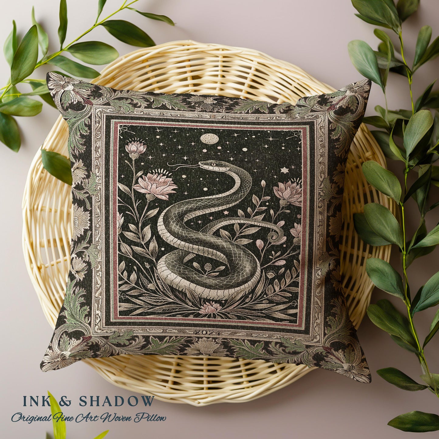 Celestial Serpent Woven Tapestry Pillow Enchanted Floral Gothic Cushion | Mystical Moonlit Medieval Snake Art Dark Academia Vintage Baroque