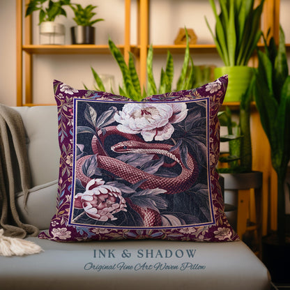 Whimsigothic Dark Floral Serpent Pillow Enchanted Forest Whimsical Purple Botanical Cushion | Mystical Witchy Cottagecore Vintage Snake Art