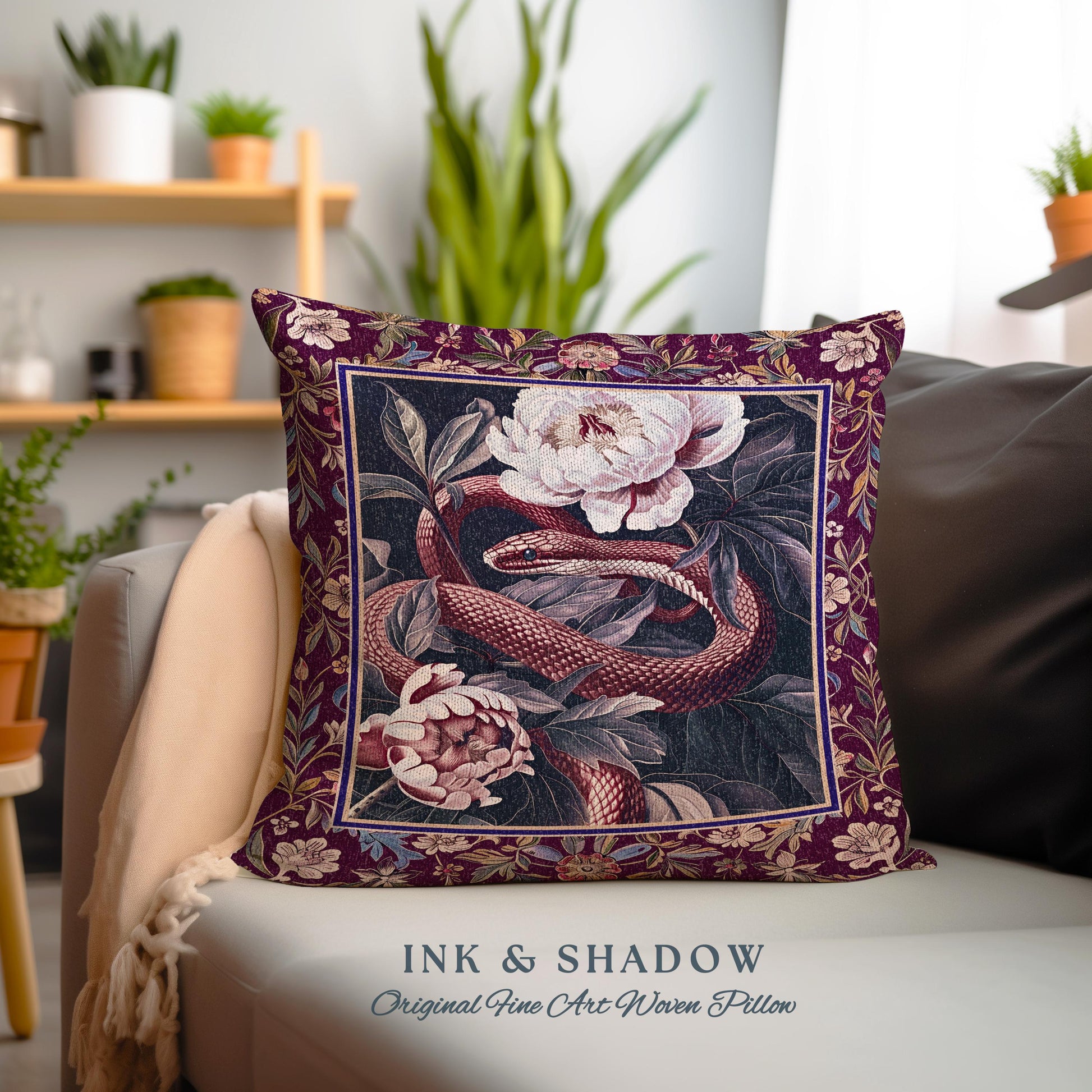 Whimsigothic Dark Floral Serpent Pillow Enchanted Forest Whimsical Purple Botanical Cushion | Mystical Witchy Cottagecore Vintage Snake Art