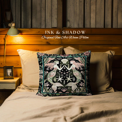 Art Nouveau Mermaid Pillow Coastal Folklore Home Decor | Vintage Seafoam Green Enchanted Ocean Underwater Sea Maiden Woven Tapestry Cushion