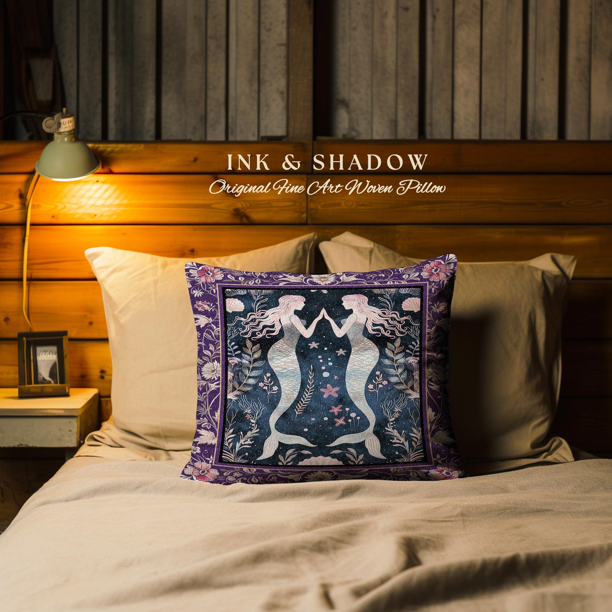 Retro Art Deco Mermaid Pillow Whimsical Coastal Cottagecore | Vintage Purple Floral Enchanted Underwater Fantasy Sirens Tapestry Cushion