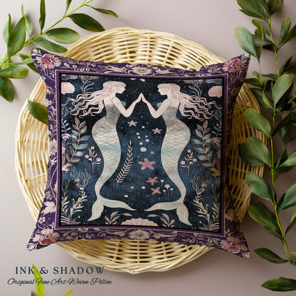 Retro Art Deco Mermaid Pillow Whimsical Coastal Cottagecore | Vintage Purple Floral Enchanted Underwater Fantasy Sirens Tapestry Cushion