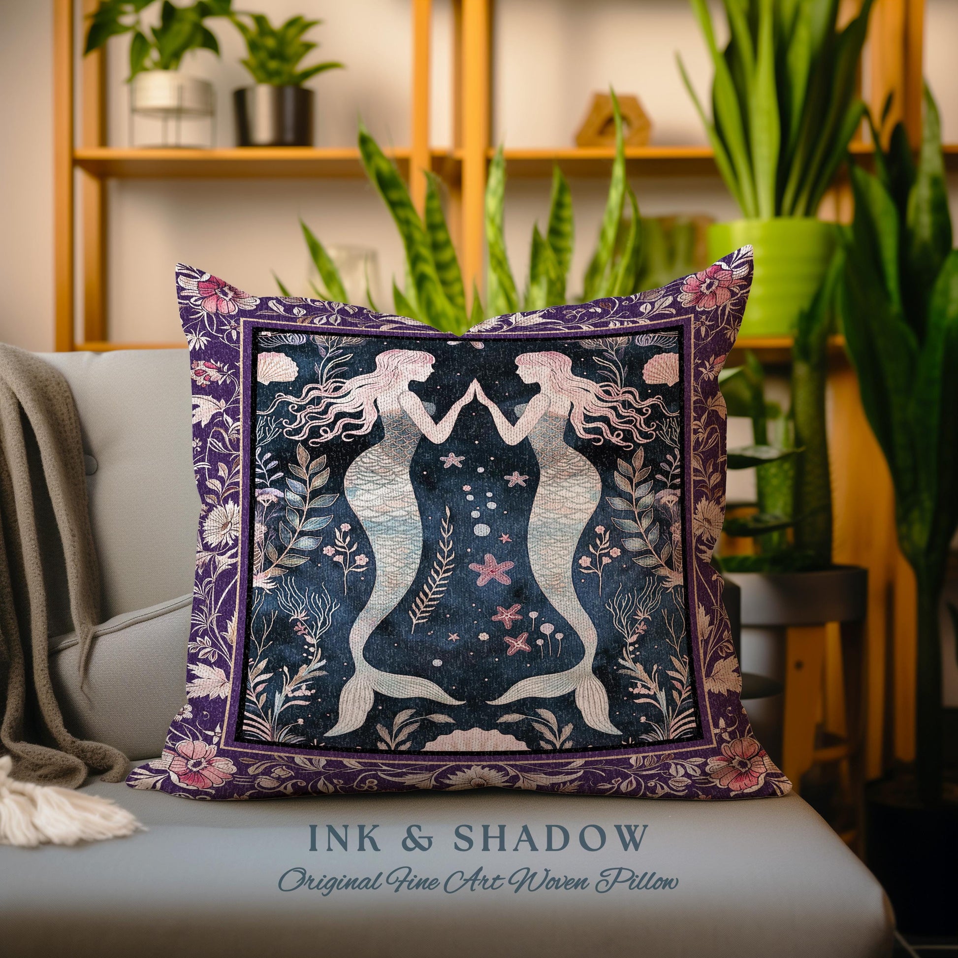 Retro Art Deco Mermaid Pillow Whimsical Coastal Cottagecore | Vintage Purple Floral Enchanted Underwater Fantasy Sirens Tapestry Cushion