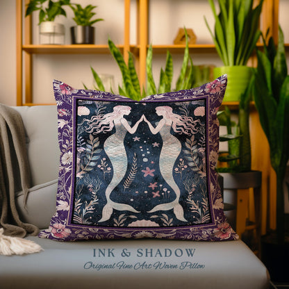 Retro Art Deco Mermaid Pillow Whimsical Coastal Cottagecore | Vintage Purple Floral Enchanted Underwater Fantasy Sirens Tapestry Cushion