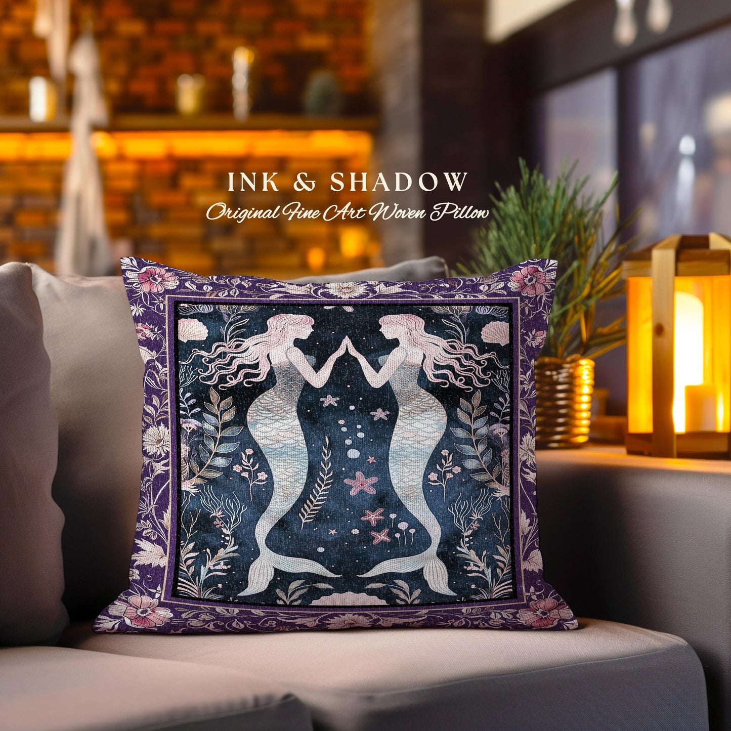 Retro Art Deco Mermaid Pillow Whimsical Coastal Cottagecore | Vintage Purple Floral Enchanted Underwater Fantasy Sirens Tapestry Cushion