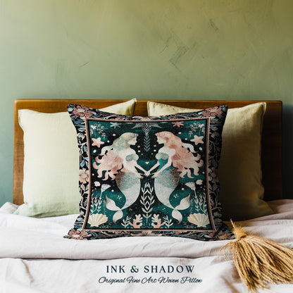 Whimsical Art Nouveau Mermaid Tapestry Cushion Costal Cottagecore, Enchanted Underwater Ocean Folklore Mystical Sea Nymph Nautical Pillow