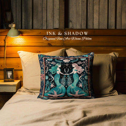 Ethereal Art Nouveau Sea Nymph Tapestry Cushion Whimsical Dark Academia Coastal Pillow Mystical Mermaid Cottagecore Enchanted Ocean Folklore