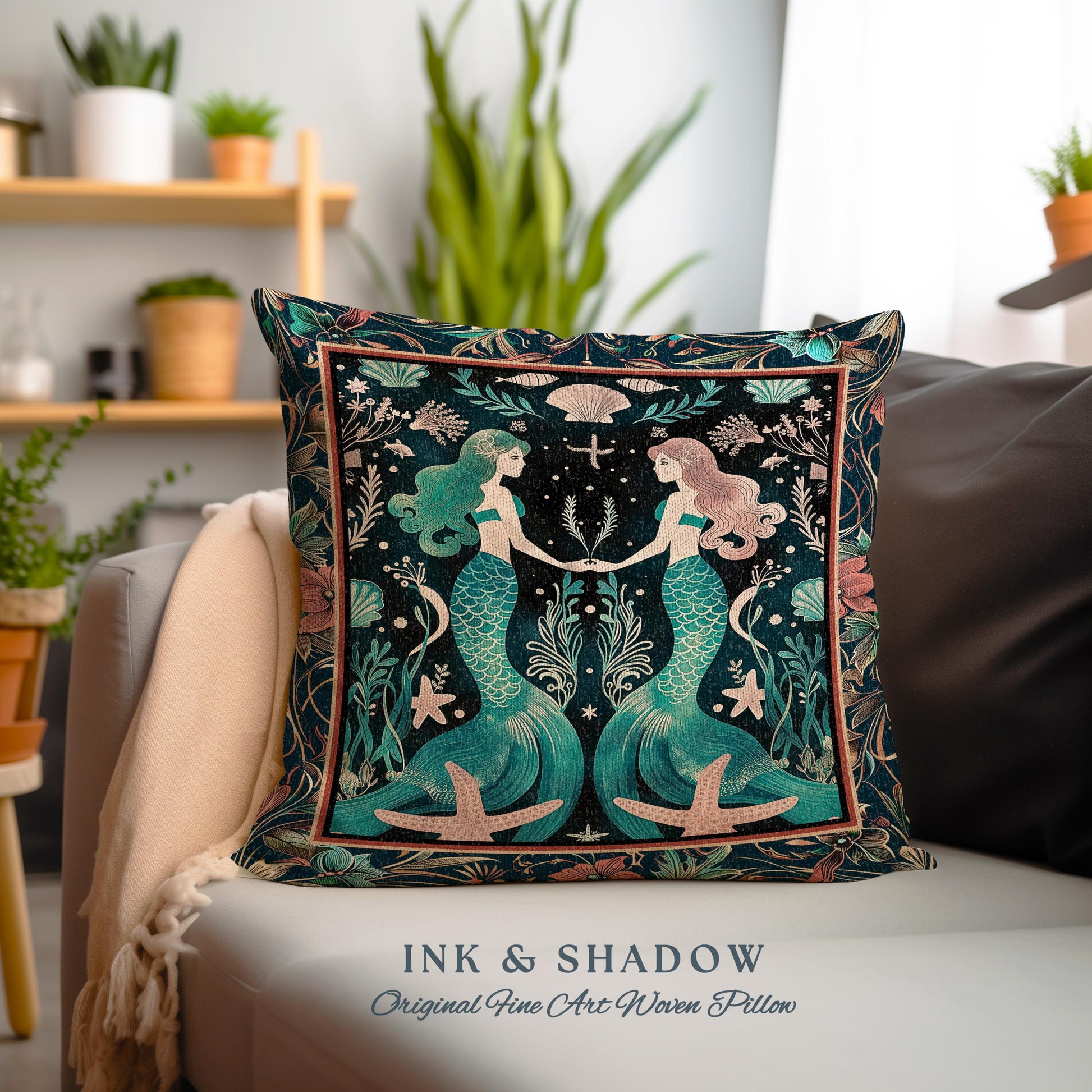 Ethereal Art Nouveau Sea Nymph Tapestry Cushion Whimsical Dark Academia Coastal Pillow Mystical Mermaid Cottagecore Enchanted Ocean Folklore