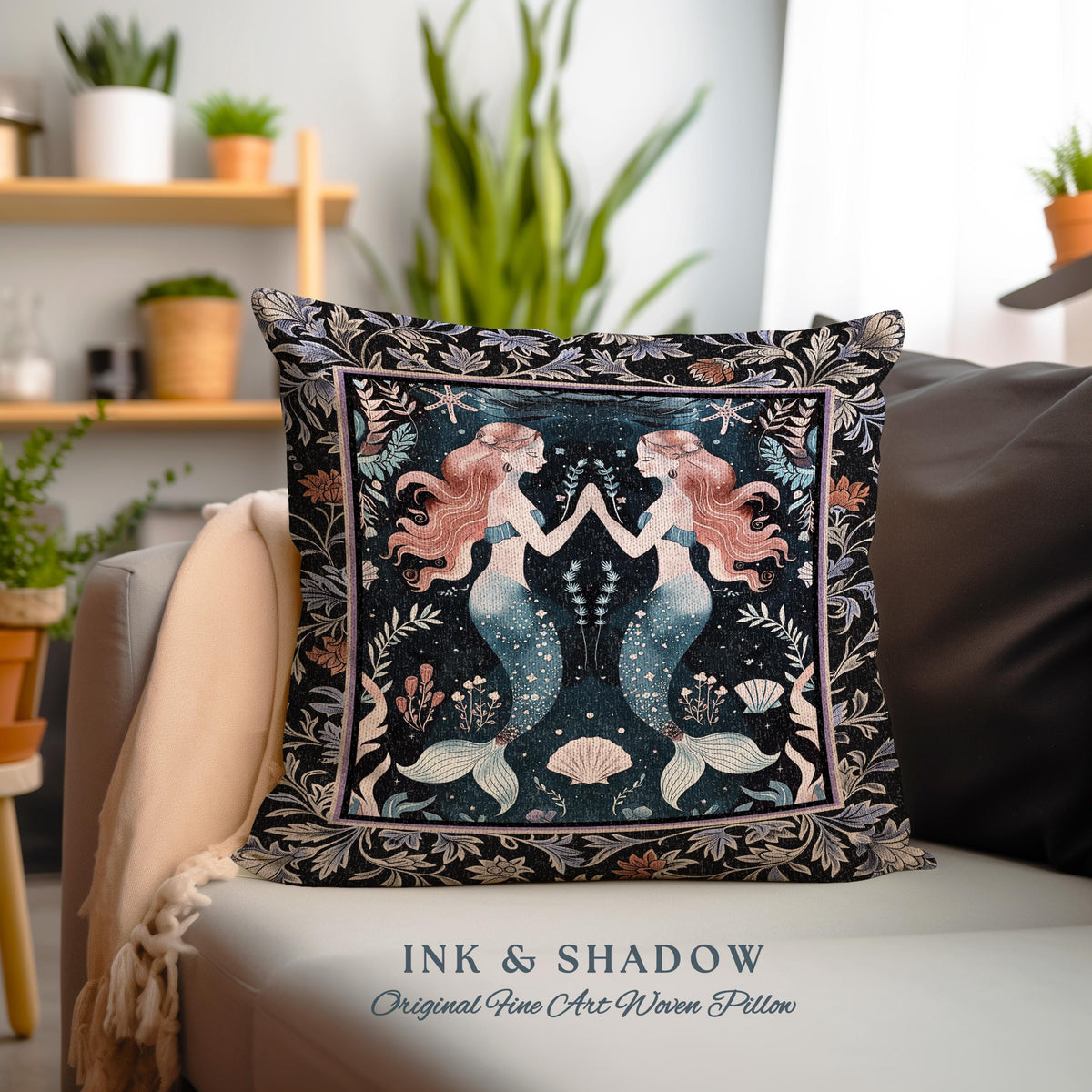 Ocean Sea Nymph Tapestry Pillow Art Nouveau Mystical Mermaid Underwater Decor | Enchanted Costal Fantasy Folklore Oceanic Woven Art Cushion