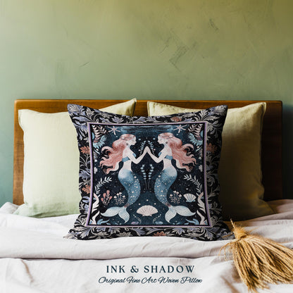 Ocean Sea Nymph Pillow Art Nouveau Mystical Mermaid Tapestry Cushion, Whimsical Coastal Cottagecore Enchanted Dark Oceanic Fantasy Folklore