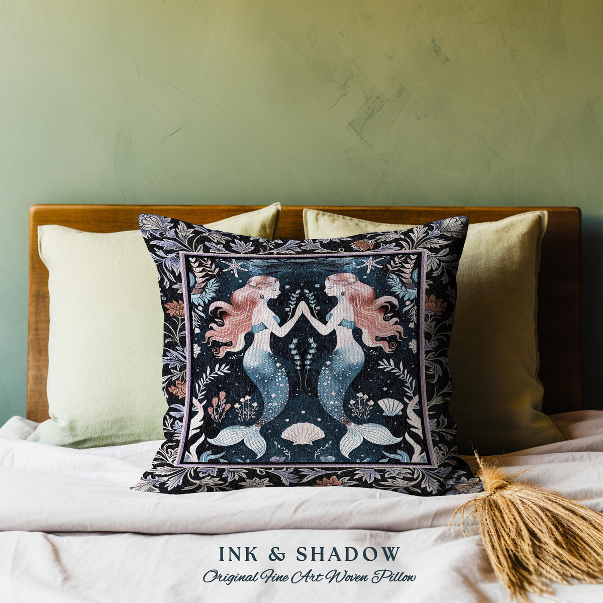Ocean Sea Nymph Tapestry Pillow Art Nouveau Mystical Mermaid Underwater Decor | Enchanted Costal Fantasy Folklore Oceanic Woven Art Cushion
