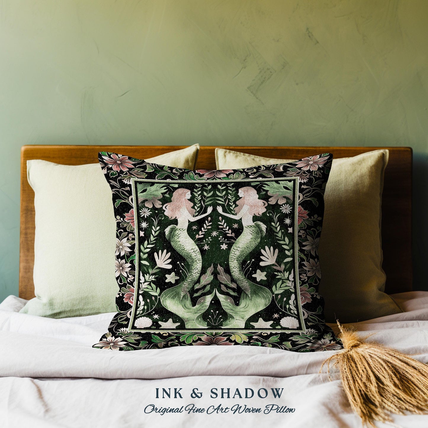 Enchanted Ocean Mermaid Floral Sea Life Pillow Emerald Green Whimsical Coastal Cottagecore, Art Nouveau Underwater Fantasy Tapestry Cushion