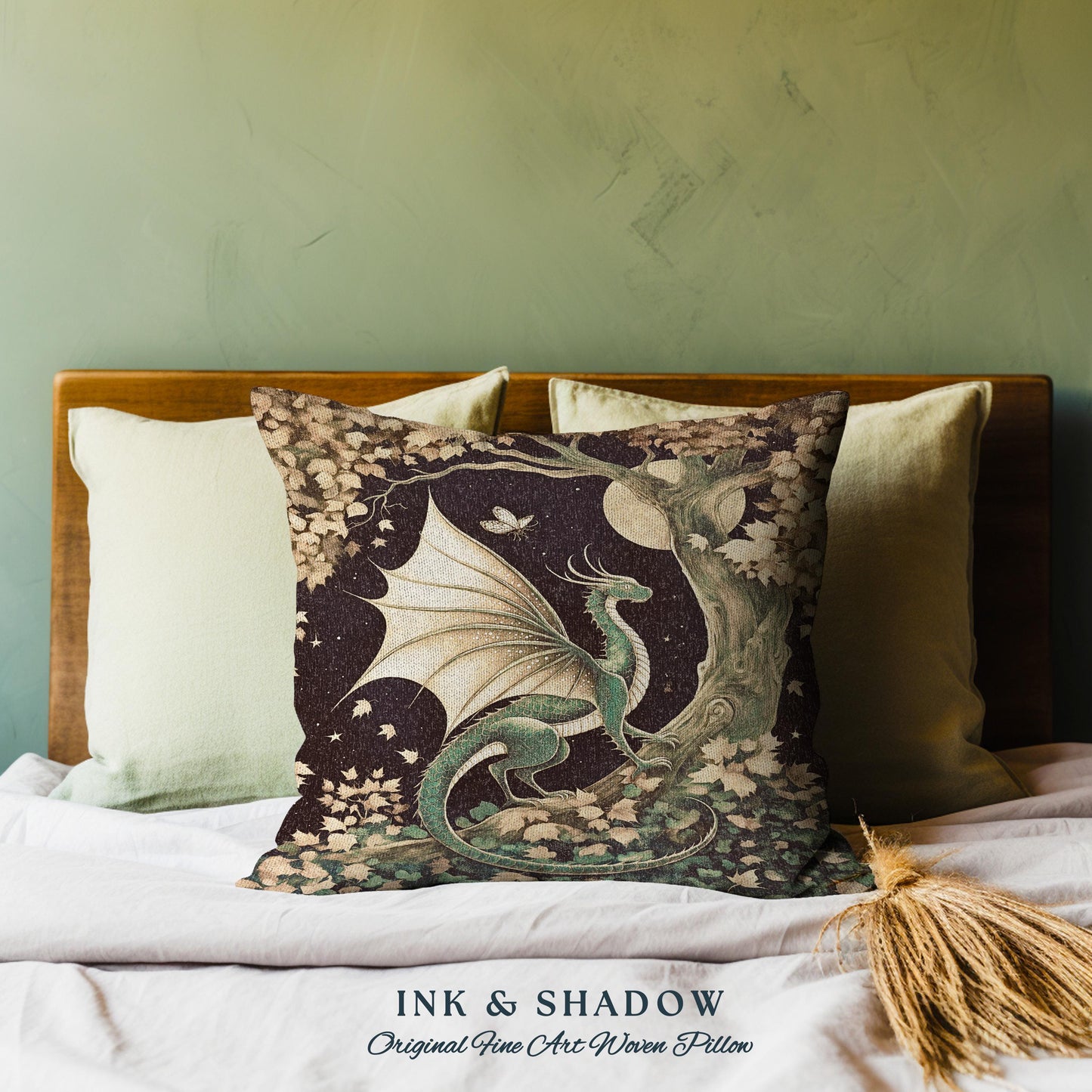 Gilded Hygge Antique Mystical Dragon Pillow Moonlit Forest Fantasy Art | Vintage Celestial Romantic Baroque Woodland Gothic Tapestry Cushion