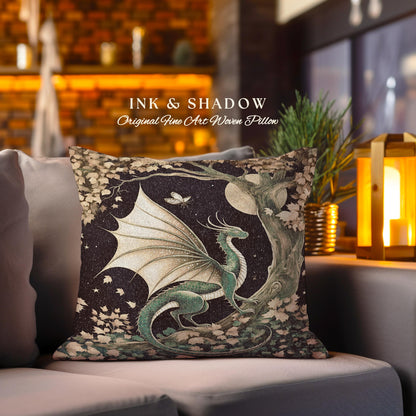 Gilded Hygge Antique Mystical Dragon Pillow Moonlit Forest Fantasy Art | Vintage Celestial Romantic Baroque Woodland Gothic Tapestry Cushion