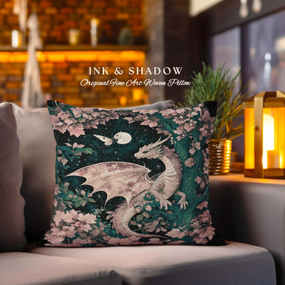 Antique Mystical Ethereal Dragon Tapestry Pillow Moonlit Forest Fairytale Academia | Enchanted Fairycore Celestial Night Art Fantasy Cushion