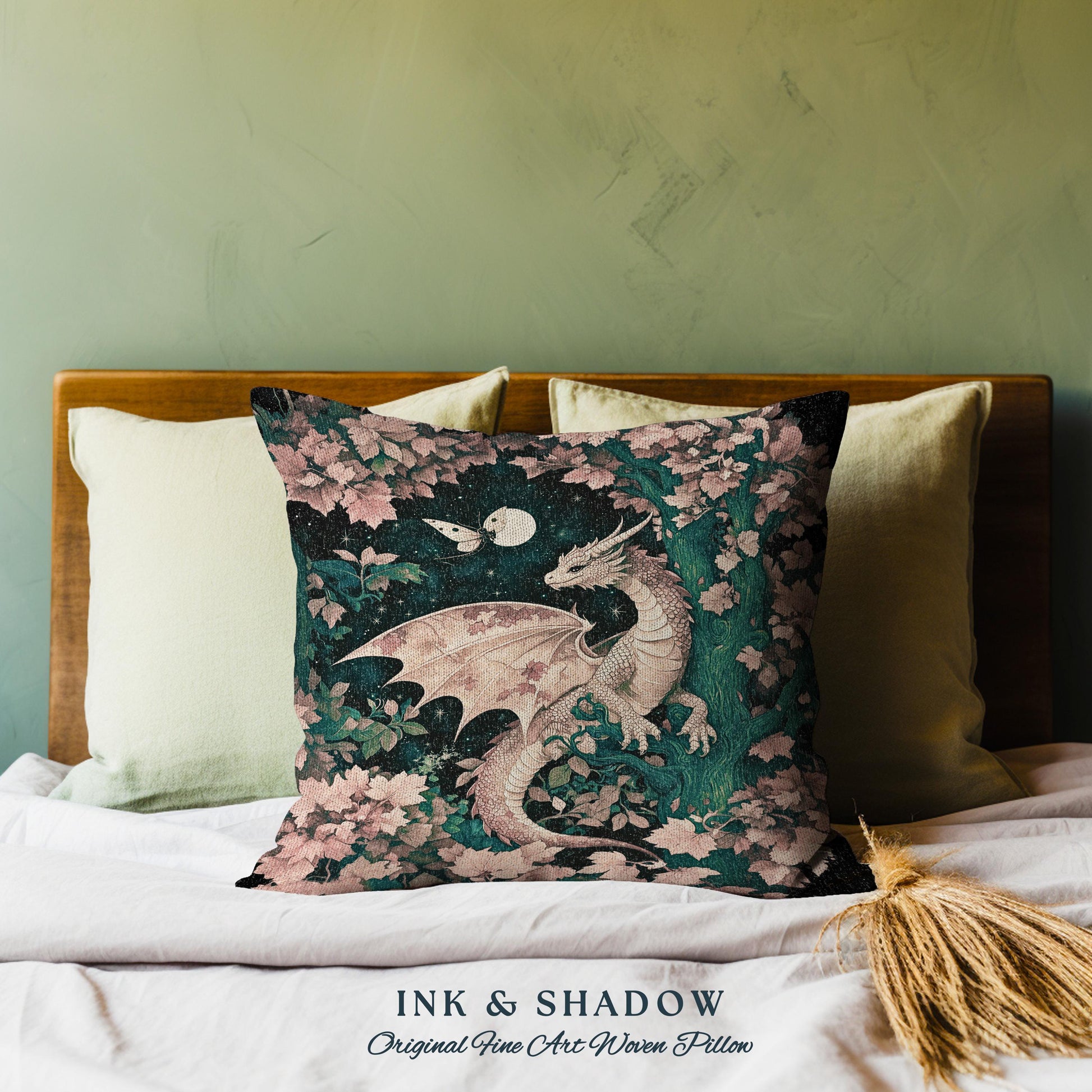 Antique Mystical Ethereal Dragon Tapestry Pillow Moonlit Forest Fairytale Academia | Enchanted Fairycore Celestial Night Art Fantasy Cushion