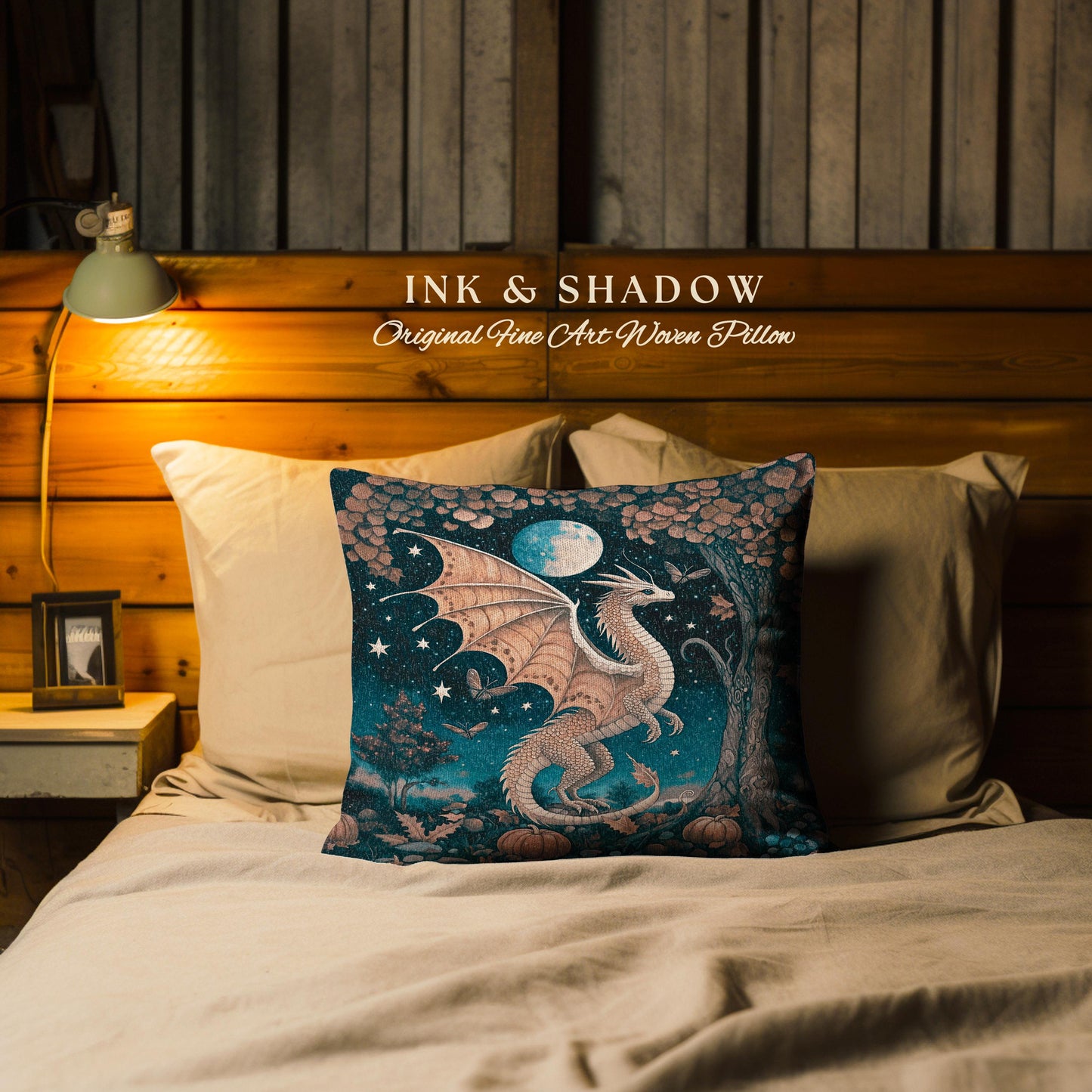 Whimsigothic Harvest Moon Magical Dragon Pillow Fairytale Nocturnal Decor | Enchanted Autumn Night Celestial Fantasy Art Tapestry Cushion