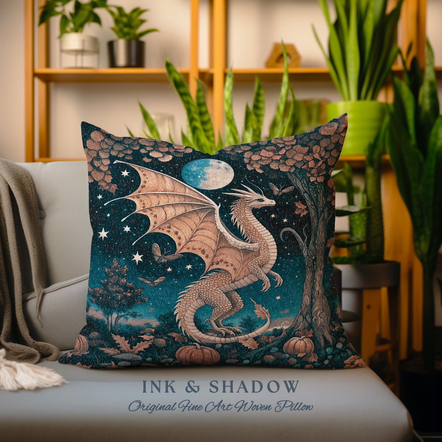 Whimsigothic Harvest Moon Magical Dragon Pillow Fairytale Nocturnal Decor | Enchanted Autumn Night Celestial Fantasy Art Tapestry Cushion