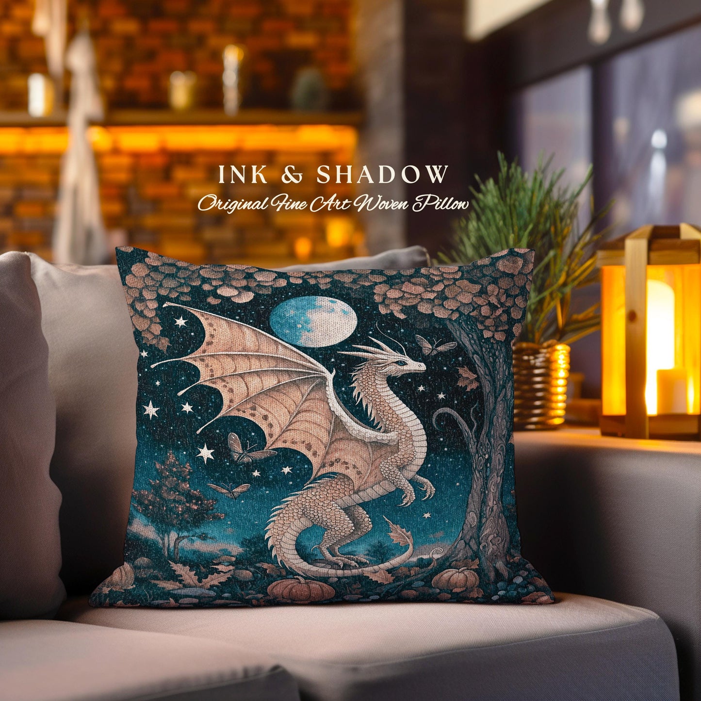 Whimsigothic Harvest Moon Magical Dragon Pillow Fairytale Nocturnal Decor | Enchanted Autumn Night Celestial Fantasy Art Tapestry Cushion