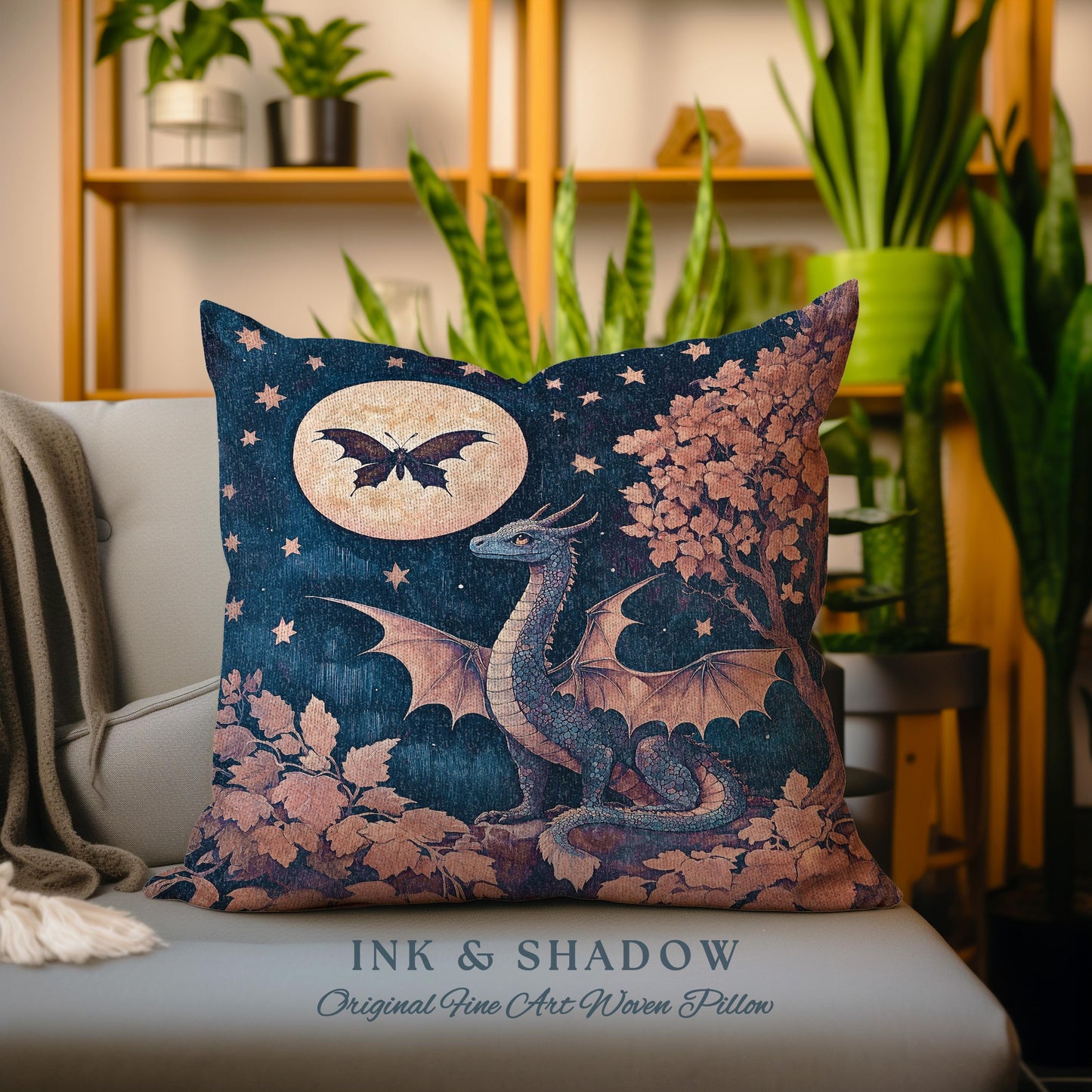 Whimsical Celestial Dragon Pillow Enchanted Forest Starry Night Cushion | Magical Woodland Goblincore Mystical Moon Fairytale Ethereal Art