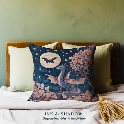 Whimsical Celestial Dragon Pillow Enchanted Forest Starry Night Cushion | Magical Woodland Goblincore Mystical Moon Fairytale Ethereal Art