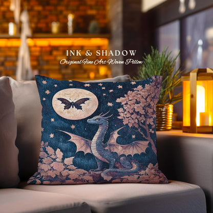 Whimsical Celestial Dragon Pillow Enchanted Forest Starry Night Cushion | Magical Woodland Goblincore Mystical Moon Fairytale Ethereal Art