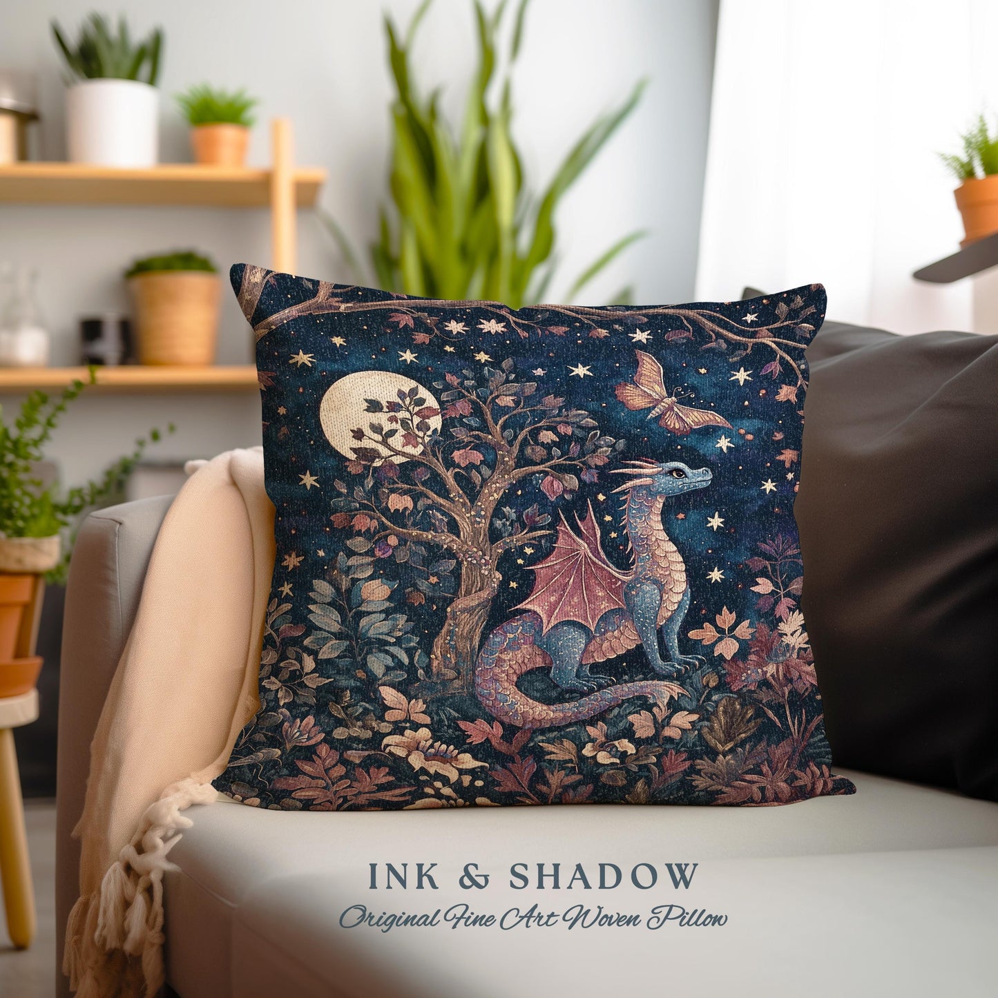 Mystical Night Sky Dragon Pillow Enchanted Woodland Decor | Moonlit Forest Whimsigothic Tapestry Cushion Celestial Dark Academia Fantasy Art