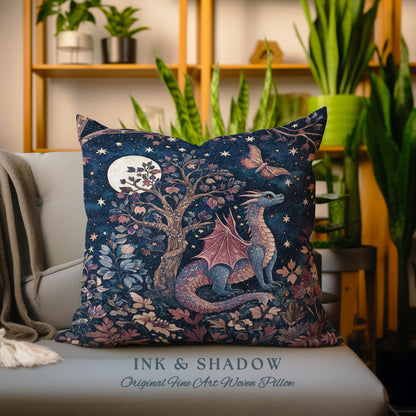 Mystical Night Sky Dragon Pillow Enchanted Woodland Decor | Moonlit Forest Whimsigothic Tapestry Cushion Celestial Dark Academia Fantasy Art