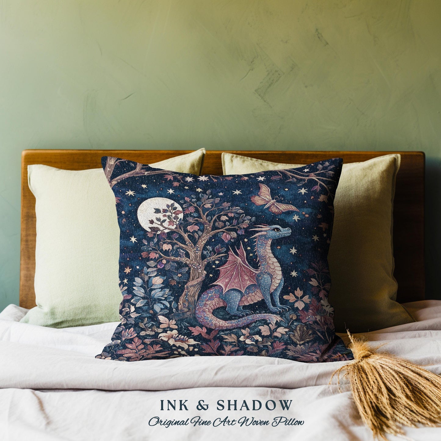 Mystical Night Sky Dragon Pillow Enchanted Woodland Decor | Moonlit Forest Whimsigothic Tapestry Cushion Celestial Dark Academia Fantasy Art