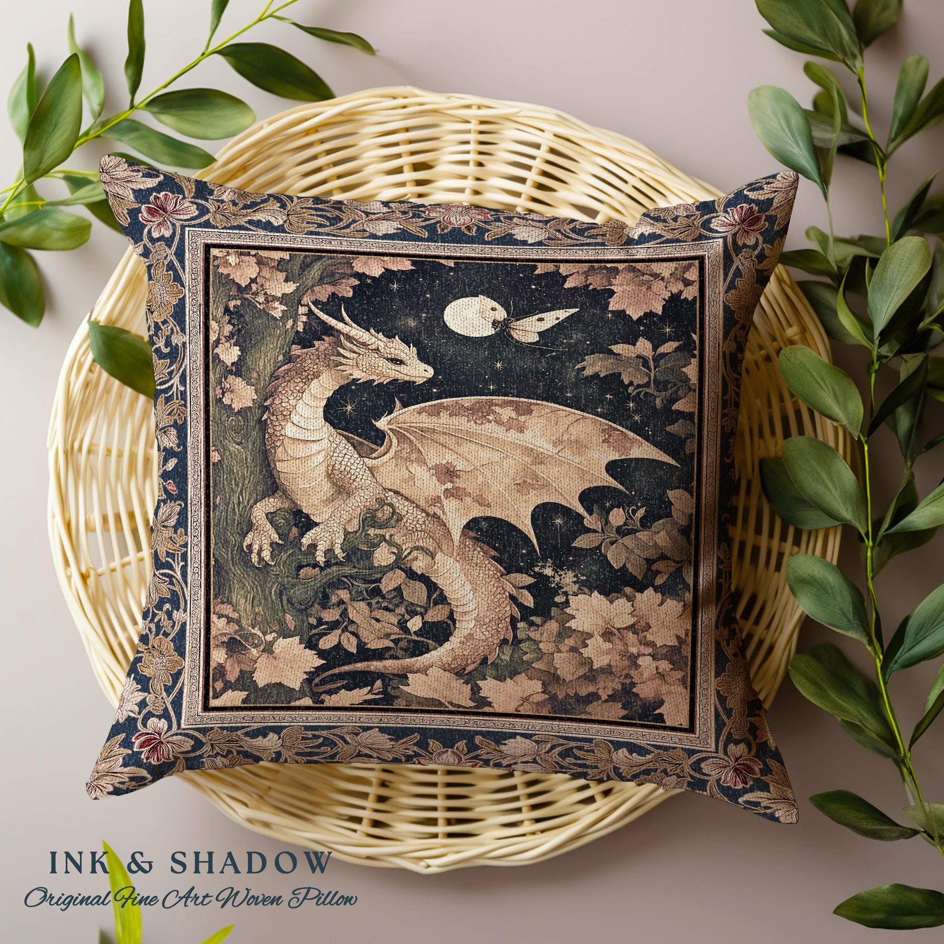 Ethereal Dragon Tapestry Pillow Antique Mystical Moonlit Forest Fairytale Decor | Enchanted Fairycore Celestial Night Fantasy Art Cushion |