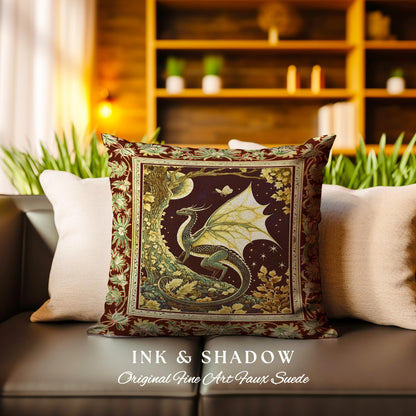 Mystical Dragon Pillow Gilded Hygge Antique Moonlit Forest Fantasy Art | Vintage Celestial Romantic Baroque Woodland Gothic Tapestry Cushion