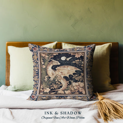 Ethereal Dragon Tapestry Pillow Antique Mystical Moonlit Forest Fairytale Decor | Enchanted Fairycore Celestial Night Fantasy Art Cushion |