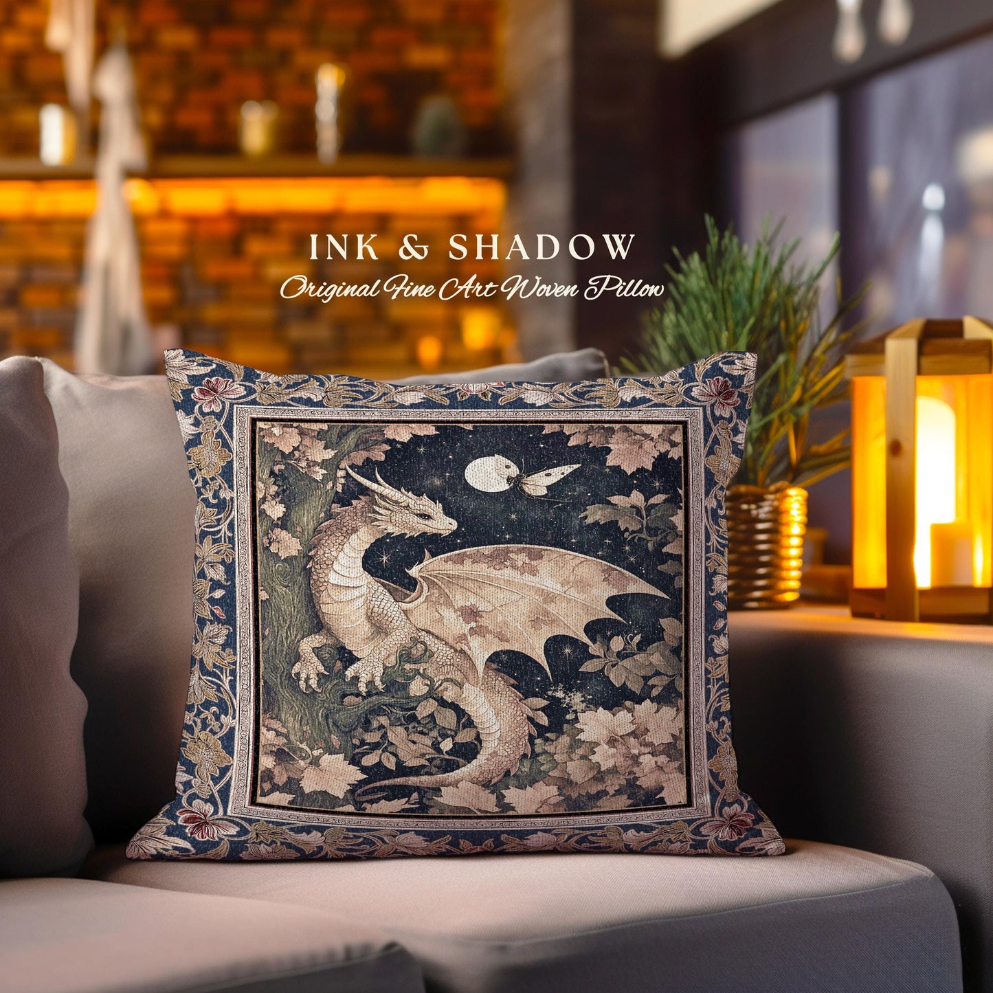 Ethereal Dragon Tapestry Pillow Antique Mystical Moonlit Forest Fairytale Decor | Enchanted Fairycore Celestial Night Fantasy Art Cushion |