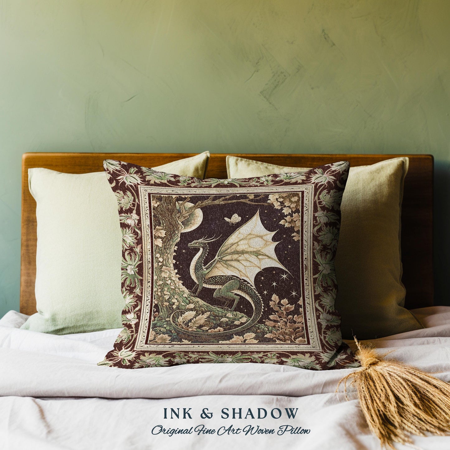 Mystical Dragon Pillow Gilded Hygge Antique Moonlit Forest Fantasy Art | Vintage Celestial Romantic Baroque Woodland Gothic Tapestry Cushion