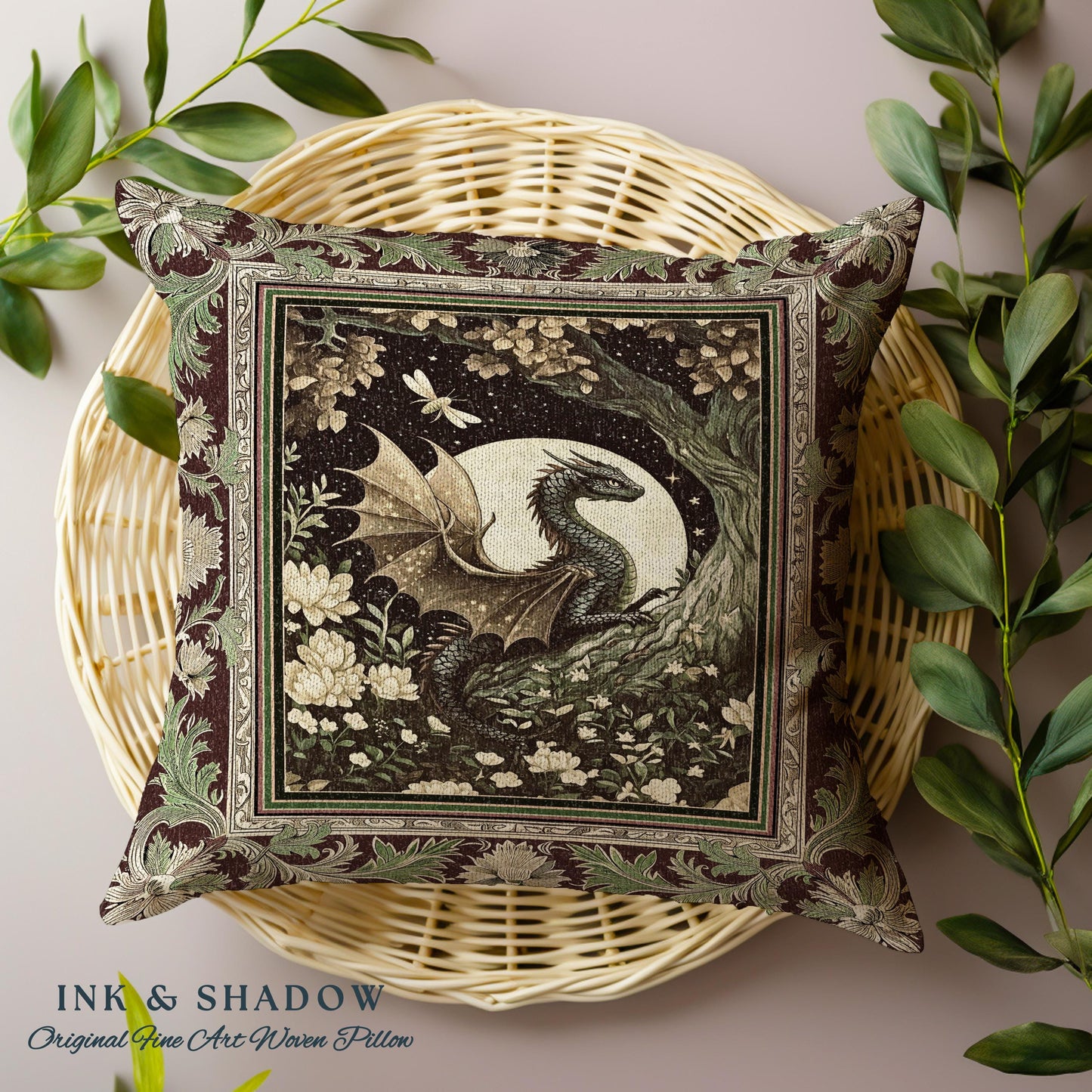 Woodland Gothic Dragon Pillow Mystical Forest Green Full Moon Celestial Magic Fantasy | Whimsigothic Enchanted Fairytale Tapestry Cushion |