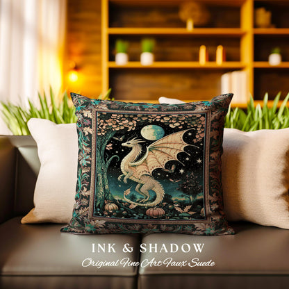 Witchy Whimsigothic Enchanted Night Moonlit Mystic Dragon Pillow Celestial Fairytale Tapestry Cushion, Mythical Fantasy Forestcore Art Decor