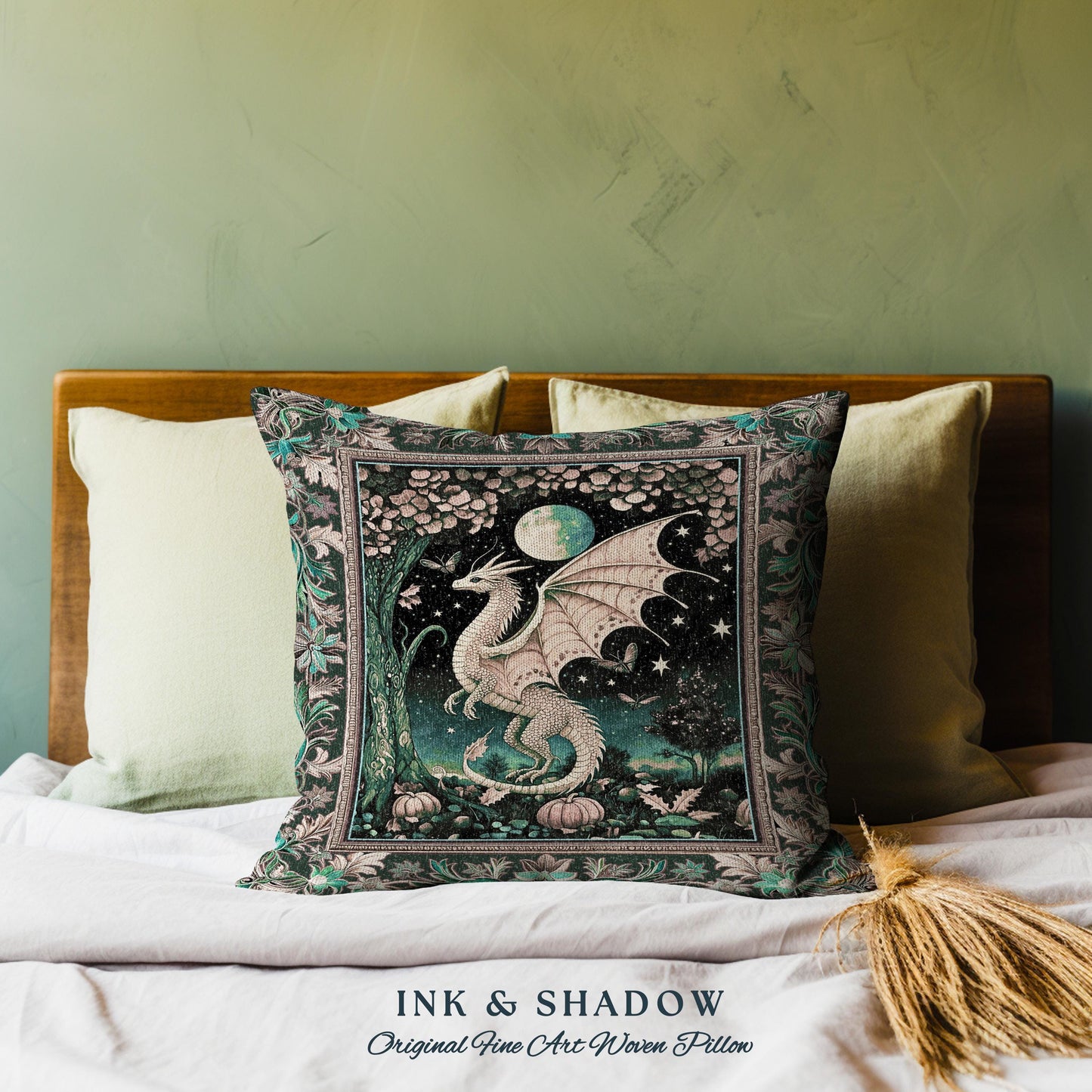 Witchy Whimsigothic Enchanted Night Moonlit Mystic Dragon Pillow Celestial Fairytale Tapestry Cushion, Mythical Fantasy Forestcore Art Decor