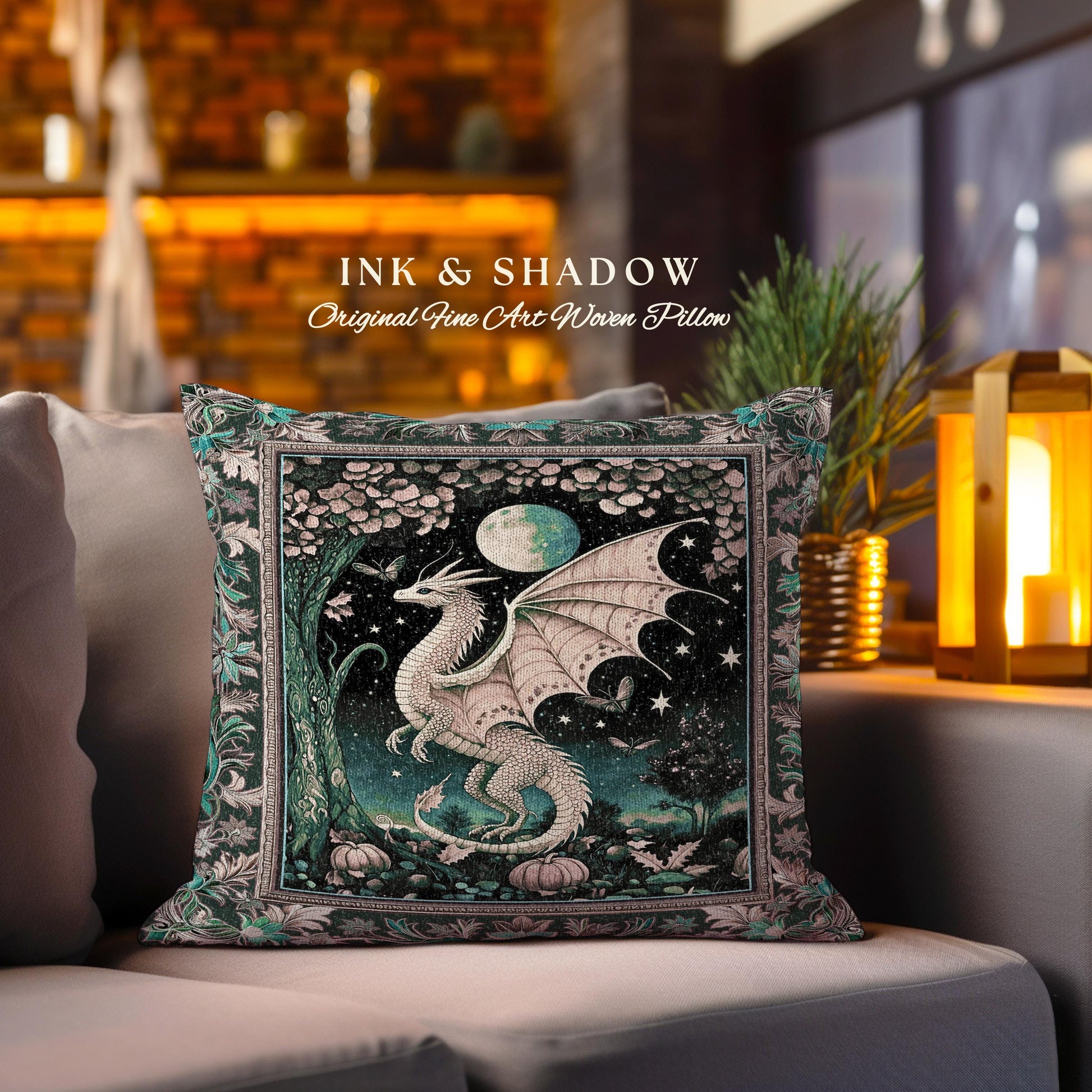 Witchy Whimsigothic Enchanted Night Moonlit Mystic Dragon Pillow Celestial Fairytale Tapestry Cushion, Mythical Fantasy Forestcore Art Decor