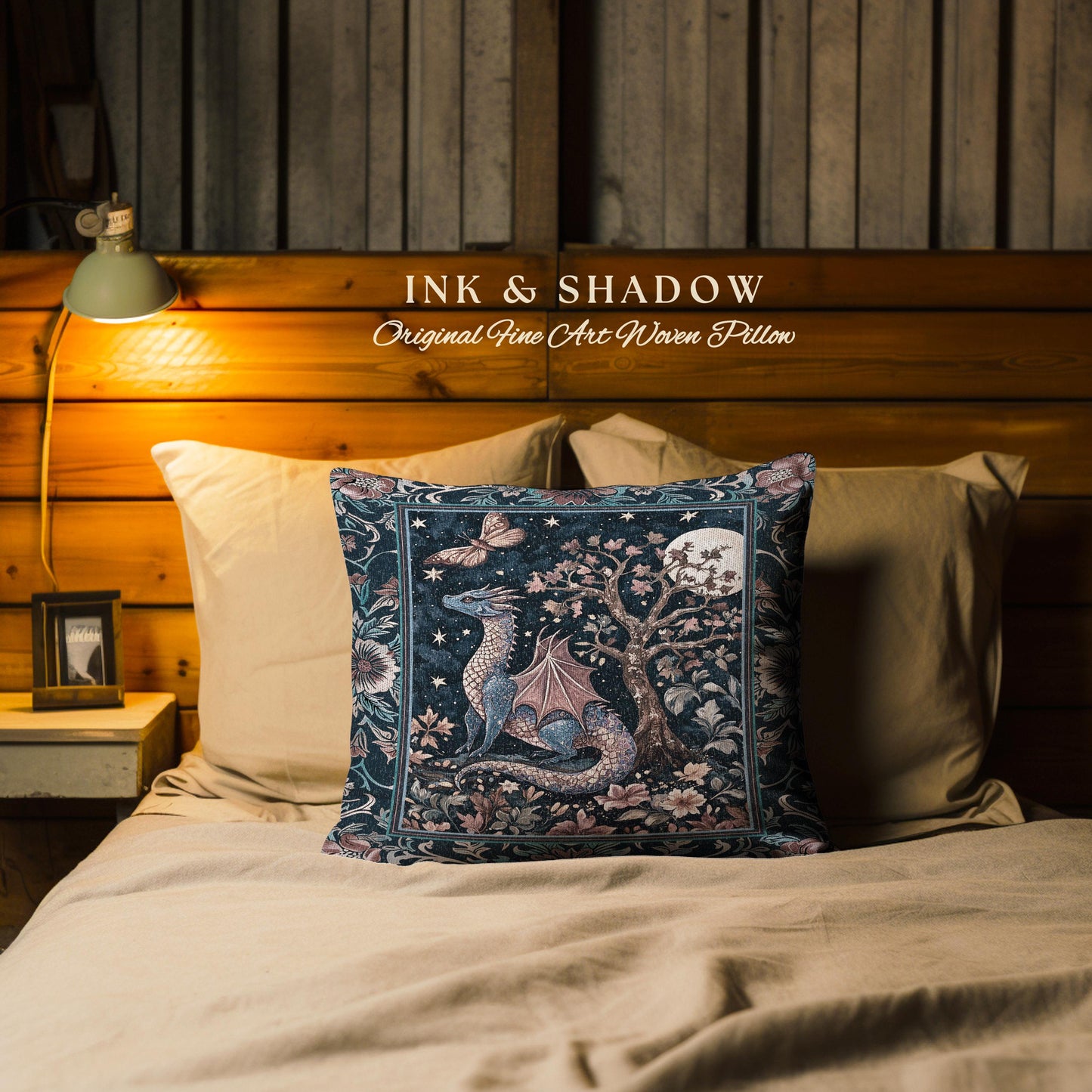 Enchanted Woodland Dragon Pillow Mystical Night Sky Decor | Moonlit Forest Whimsigothic Tapestry Cushion Celestial Dark Academia Fantasy Art