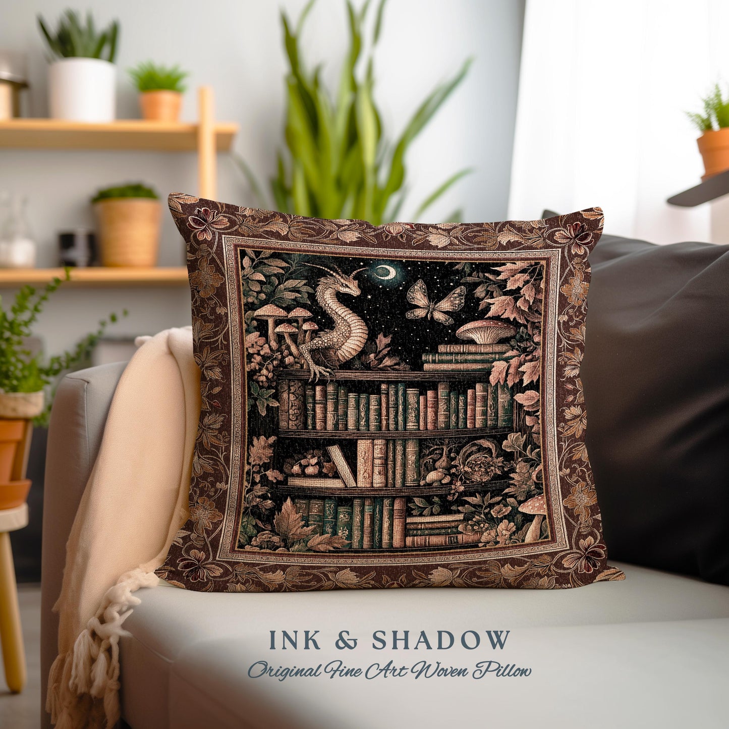 Rust Burnt Orange Woodland Book Nook Magical Dragon Pillow Dark Academia Decor | Goblincore Vintage Folklore Bookshelf Enchanted Art Cushion