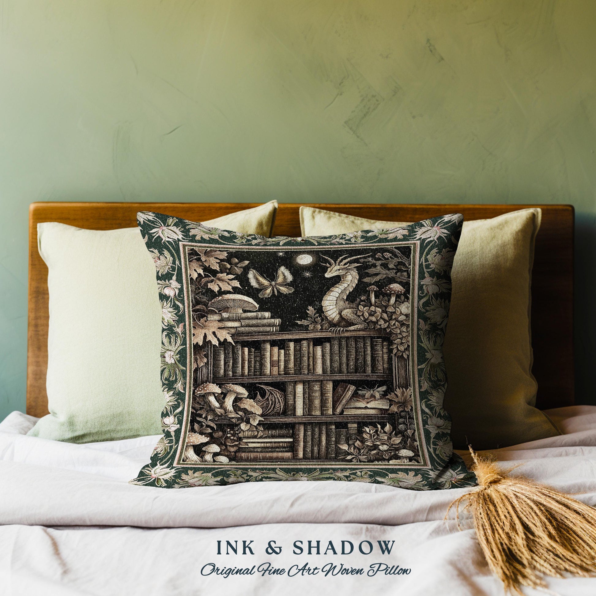 Enchanted Library Dragon Tapestry Pillow Mystical Dark Academia Bookshelf Fantasy Cushion | Vintage Gothic Cottagecore Bookish Reading Nook