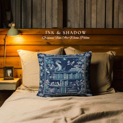 Midnight Blue Enchanted Library Dragon Pillow Celestial Dark Academia Fairycore | Whimsical Gothic Cottagecore Fantasy Art Tapestry Cushion